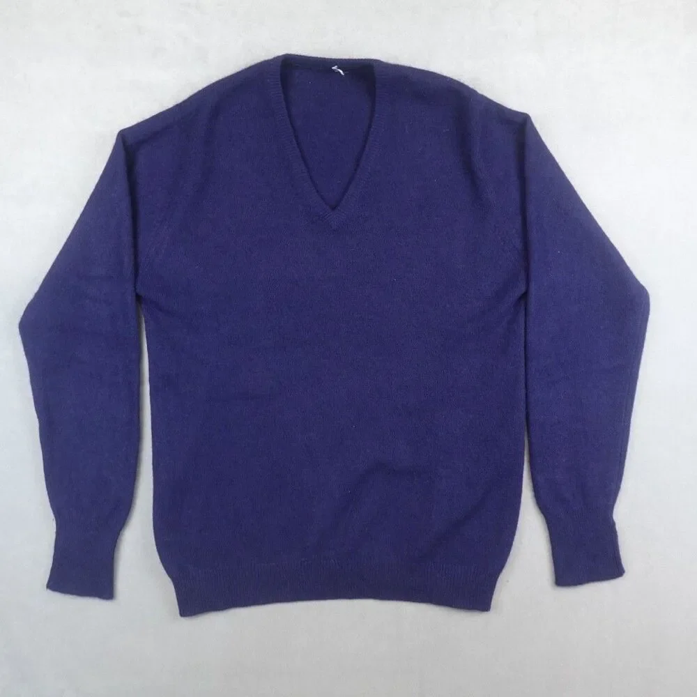 Vintage Sweater Size Large Blue Scottish Cashmere V Neck Made in Scotland Mens